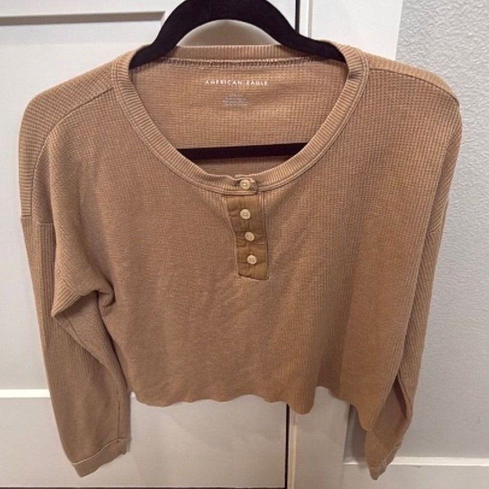 American Eagle Soft Sexy Waffle Knit Henley‎ Crop Top Beige Long Sleeve Sz Small